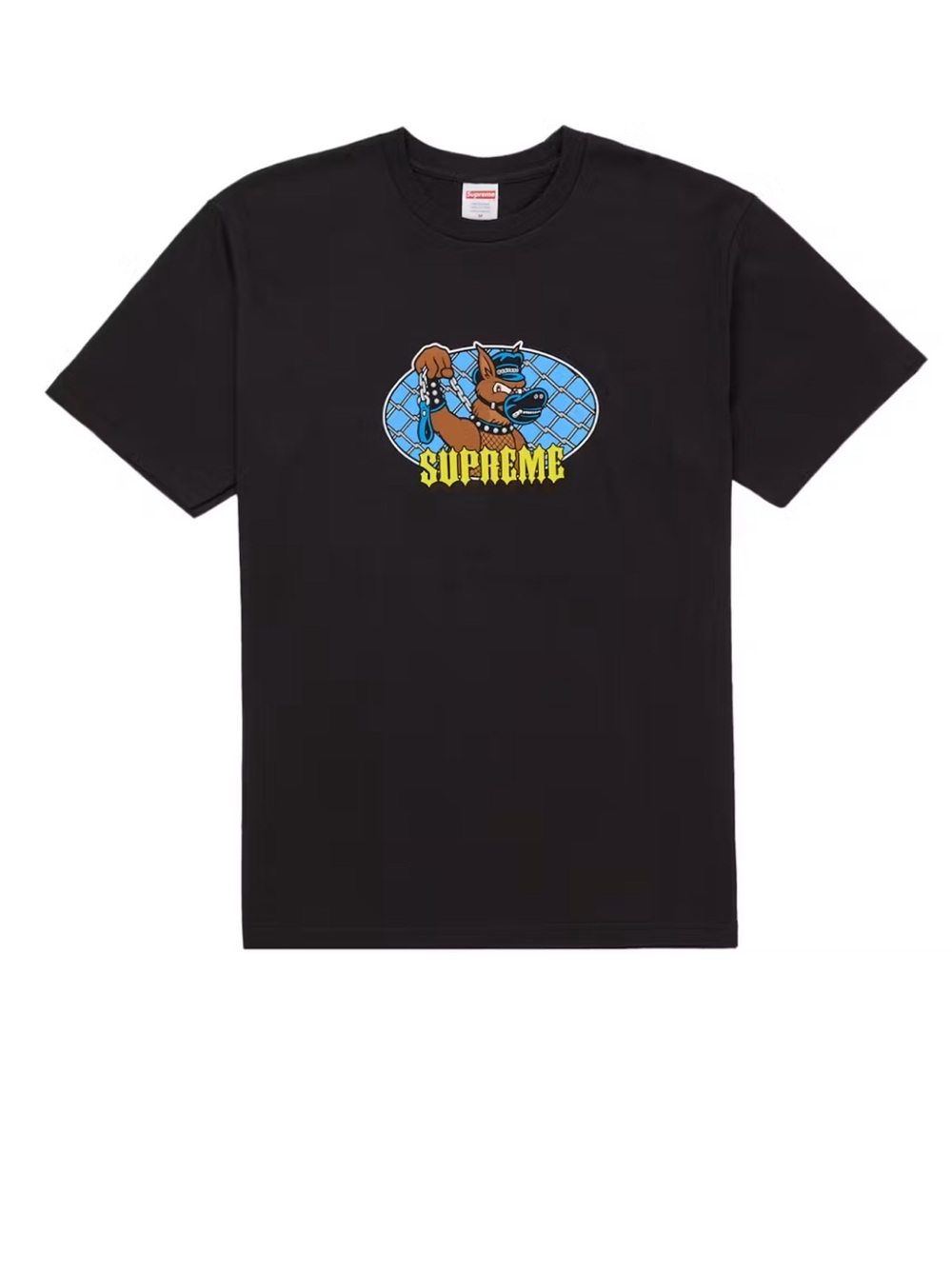 Supreme Black Leash Tee with Yellow Logo and Blue Graphic